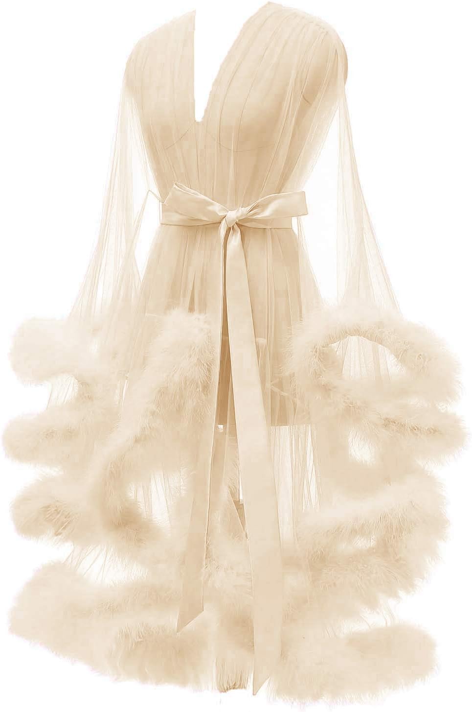 Tulle Feather Robe Sexy Sheer Mesh Fur Bridal Illusion Boudoir Bathrobe Nightgown Christmas Lingerie