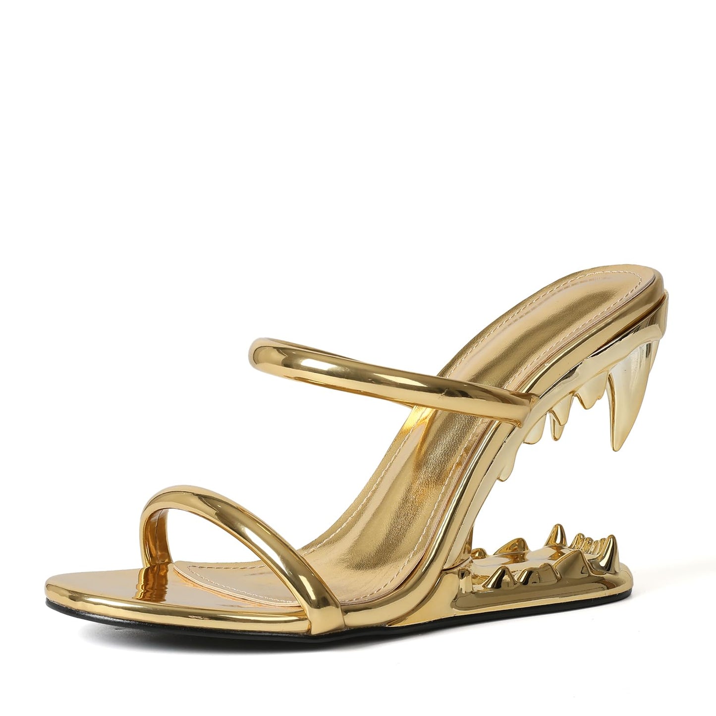 Goiphrri Wedge Sandals for Women Strappy Heels Round Open Toe Heels Metallic Shark Tiger Teeth heeled Sandals Flip Flops Thong Womens Mules Slip on Party Dress Wedding Ceremony