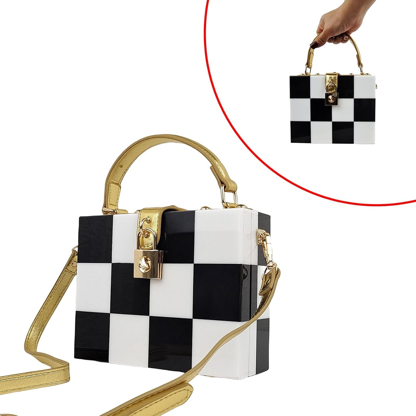 Black White Checkerboard Acrylic Clutch Purse Bag Women Box Evening Bags Acrylic Chain Crossbody Handbag(Stitching)