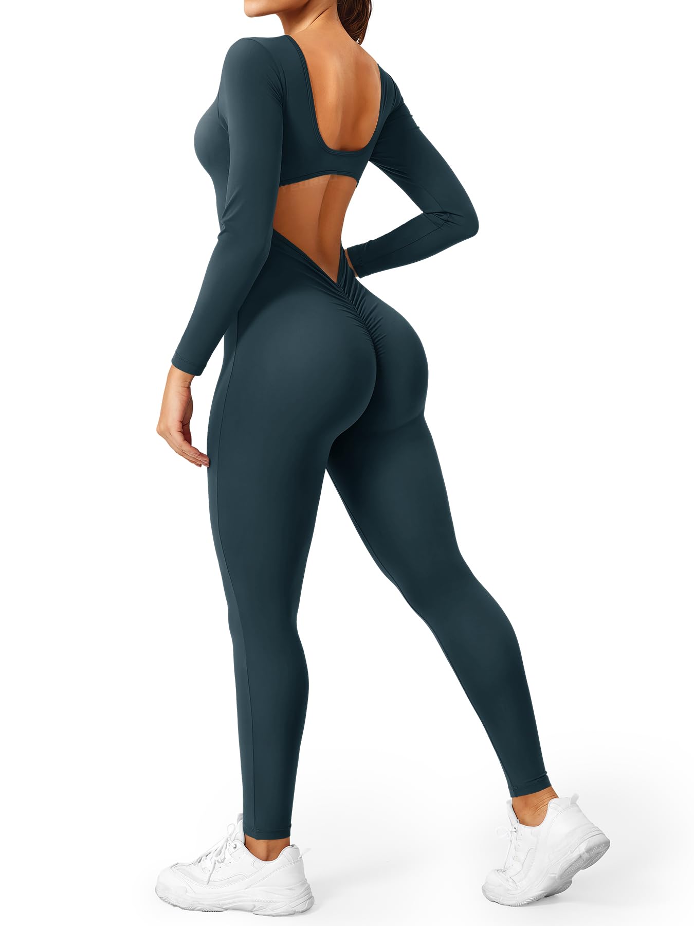 YEOREO Long Sleeve Jumpsuits for Women V Back Bodysuit Workout Full Length Bodycon Scrunch Leggings One Piece Romper