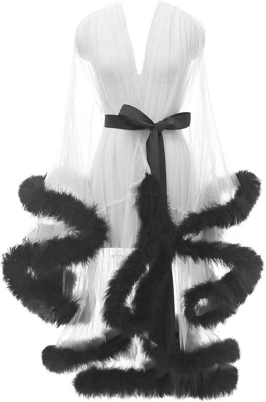 Tulle Feather Robe Sexy Sheer Mesh Fur Bridal Illusion Boudoir Bathrobe Nightgown Christmas Lingerie