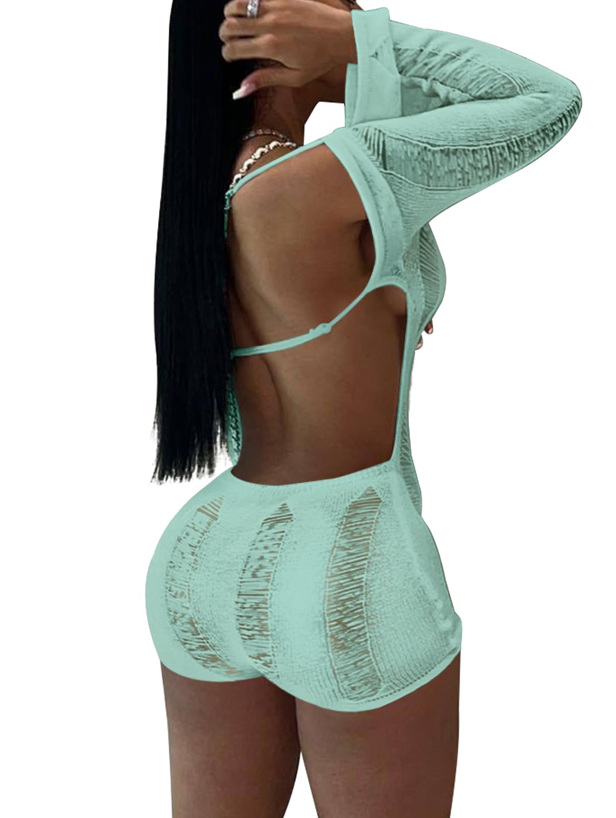 Women Sexy Off Shoulder Crochet Knitted Hollow Out Long Sleeve Romper Backless Bodycon Party Club Night Rompers