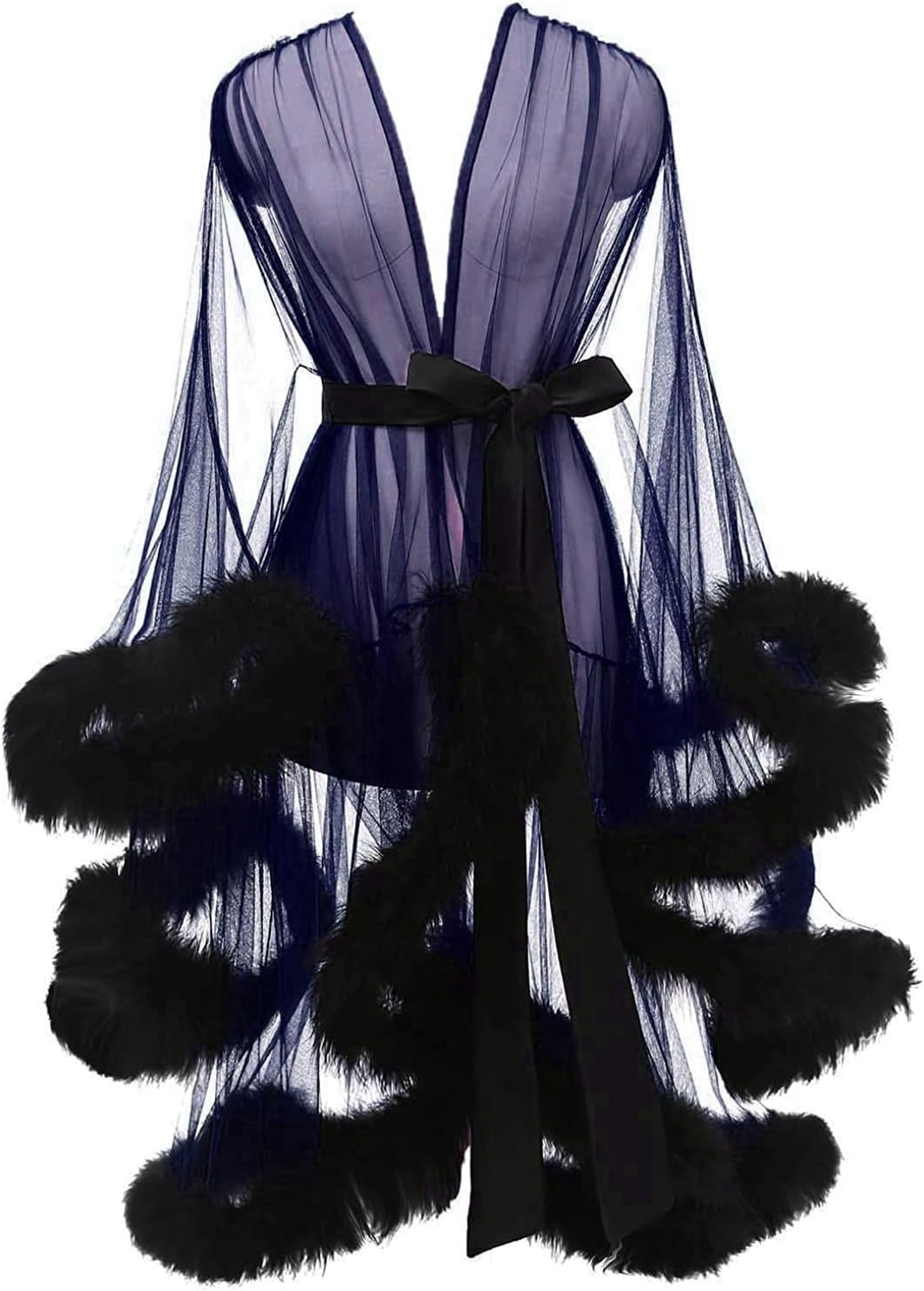Tulle Feather Robe Sexy Sheer Mesh Fur Bridal Illusion Boudoir Bathrobe Nightgown Christmas Lingerie