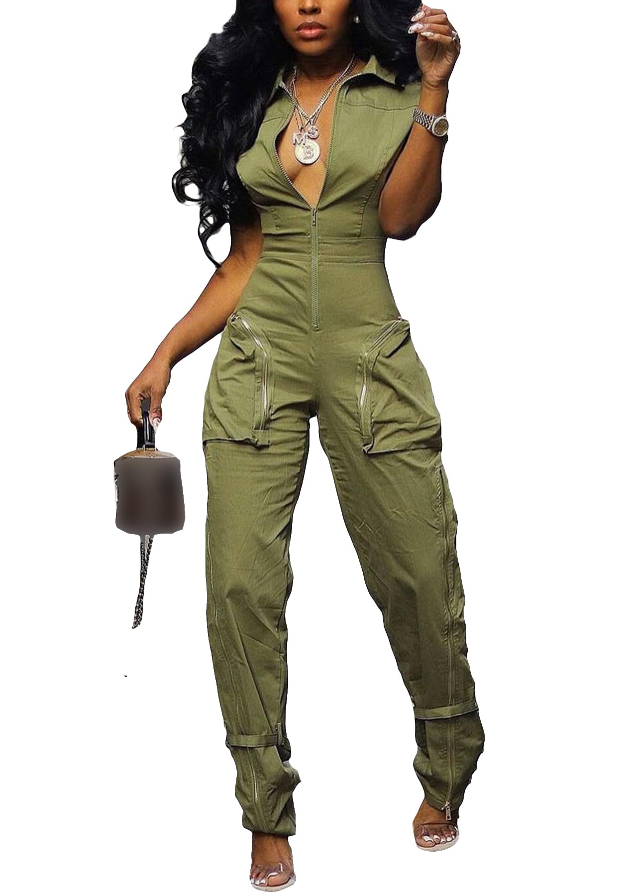 LKOUS Cargo Jumpsuits for Women Dressy, Sexy Short Sleeves V Neck Zipper One Piece Outfits with Pockets