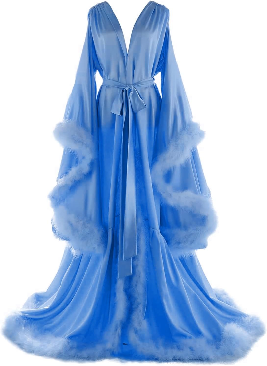 Women's Feather Bridal Robes Old Hollywood Maternity Photoshoot Nightgown Silk Bathrobe Long Lingerie