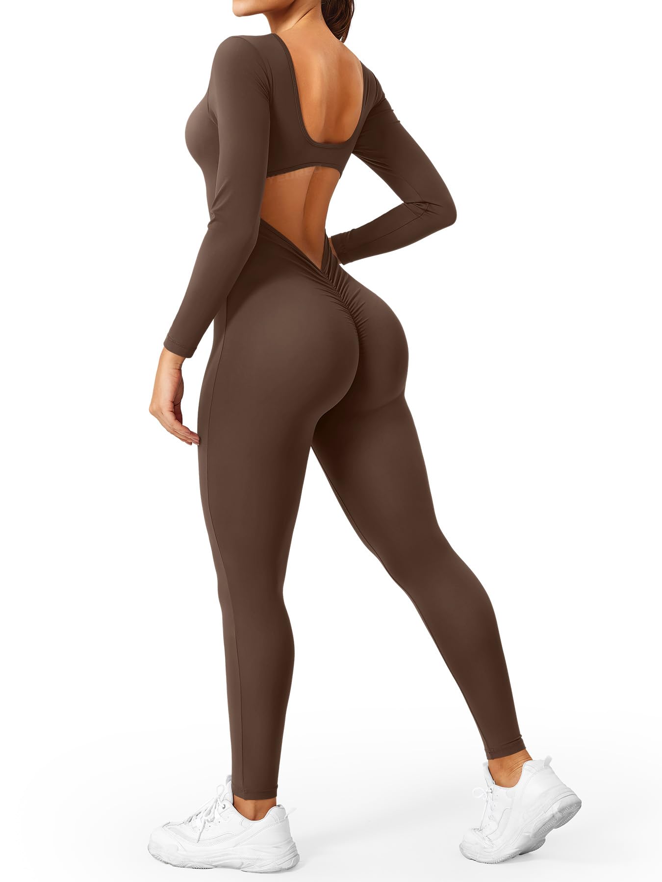 YEOREO Long Sleeve Jumpsuits for Women V Back Bodysuit Workout Full Length Bodycon Scrunch Leggings One Piece Romper