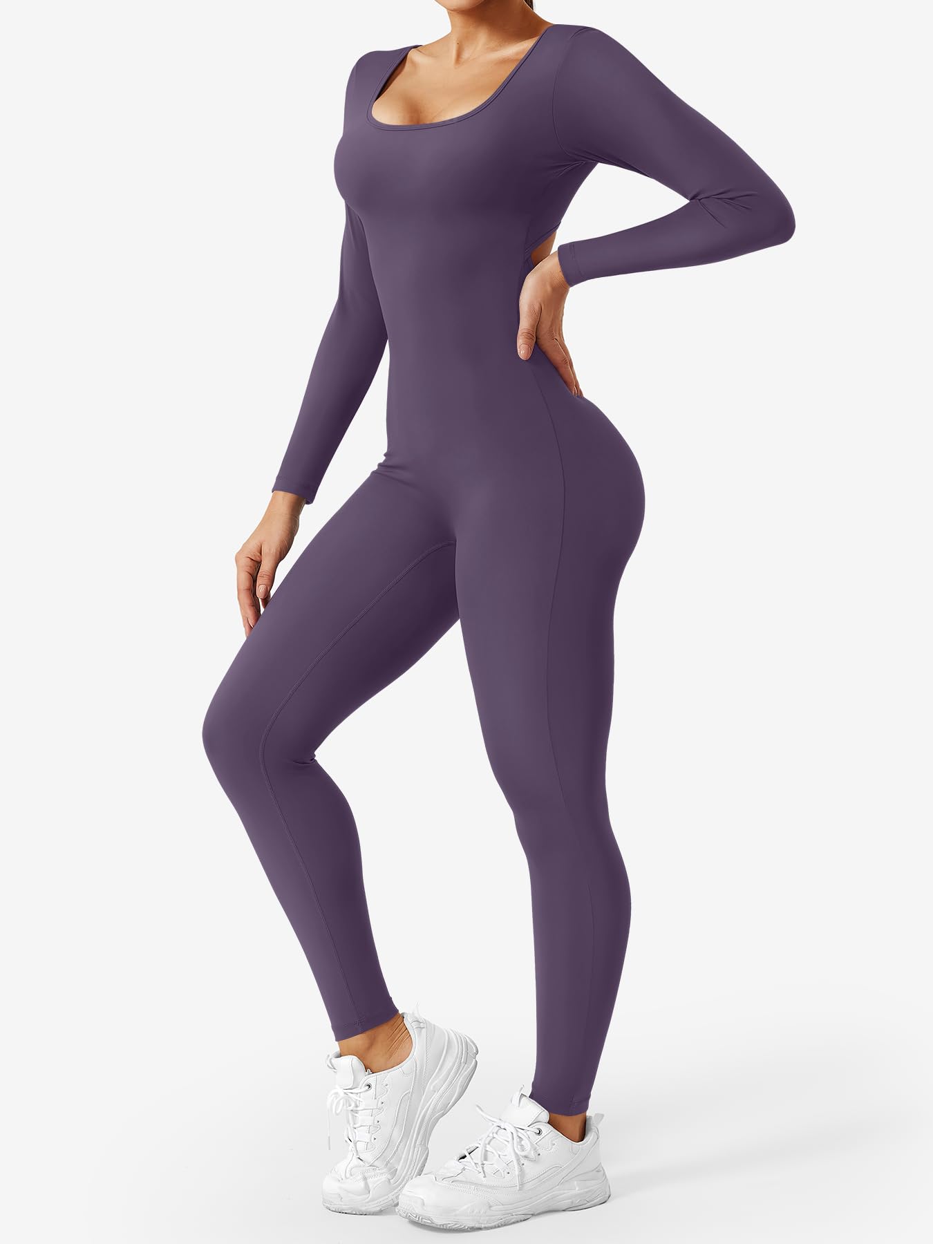YEOREO Long Sleeve Jumpsuits for Women V Back Bodysuit Workout Full Length Bodycon Scrunch Leggings One Piece Romper