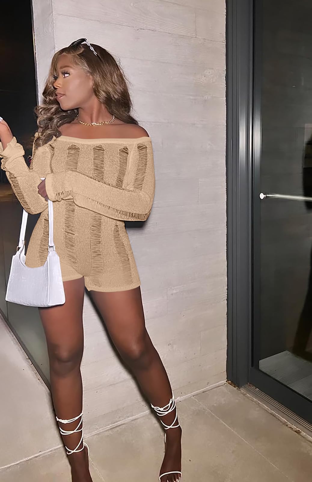 Women Sexy Off Shoulder Crochet Knitted Hollow Out Long Sleeve Romper Backless Bodycon Party Club Night Rompers