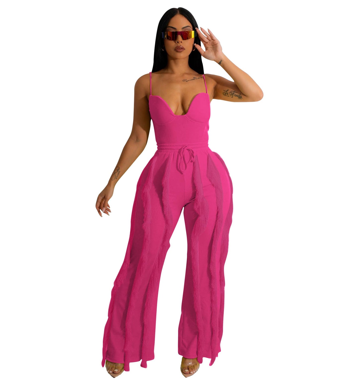PRIVIMIX Women 2 Piece Outfits Fringe Tassel Long Pants Set Adjustable Suspenders Bodysuit Spaghetti Strap Clubwear Jumpsuits