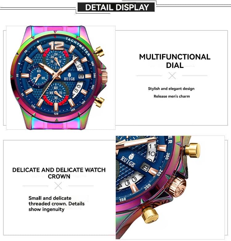 RUIGE Sports Chronograph Colorful Series Multi Functional Men's Quartz Watch Stainless Steel Material Men's Night Light Waterproof Fashion Trend Watch Diameter 42MM N3-3