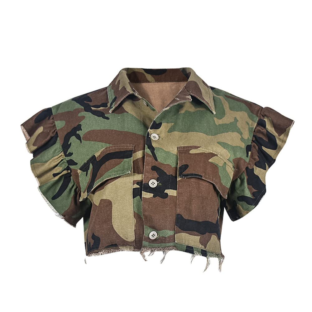 Womens Summer Cute Camo Button Down Cropped Jean Jacket Casual Lapel Outwear Denim Shirts Blouse Top