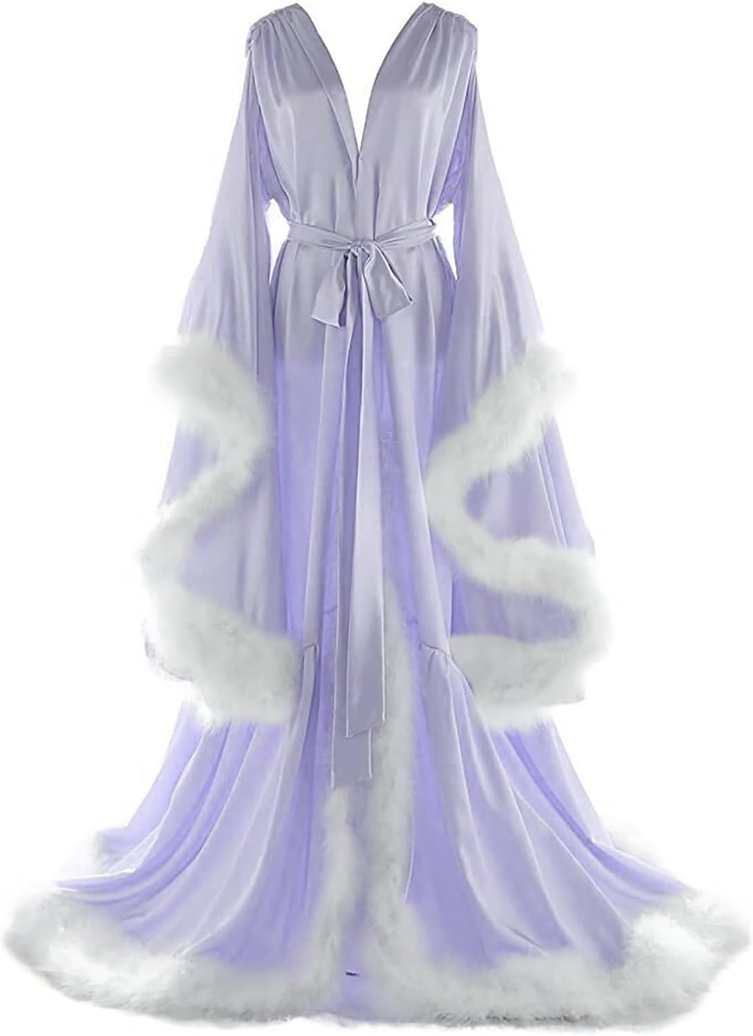 Women's Feather Bridal Robes Old Hollywood Maternity Photoshoot Nightgown Silk Bathrobe Long Lingerie