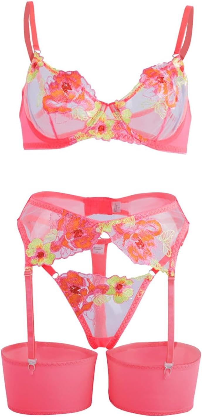 Lilosy Sexy Leaf Floral Embroidered Mesh Sheer Women Underwire Push Up Lingerie Set