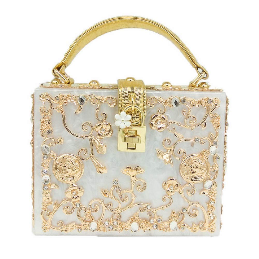 Boutique De FGG Acrylic & Flower Designer Shoulder Bags for Women Crossbody Bag Rhinestones Box Tote Evening Handbags,Small