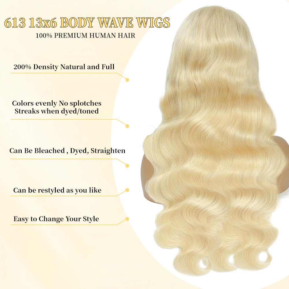 613 13x6 Lace Front Wig Human Hair 30 Inch 100% Real Blonde Wig Human Hair Body Wave HD Lace Front Wigs Human Hair 200 Density Easily Stained No Tangle Minimal Shedding Longer Life