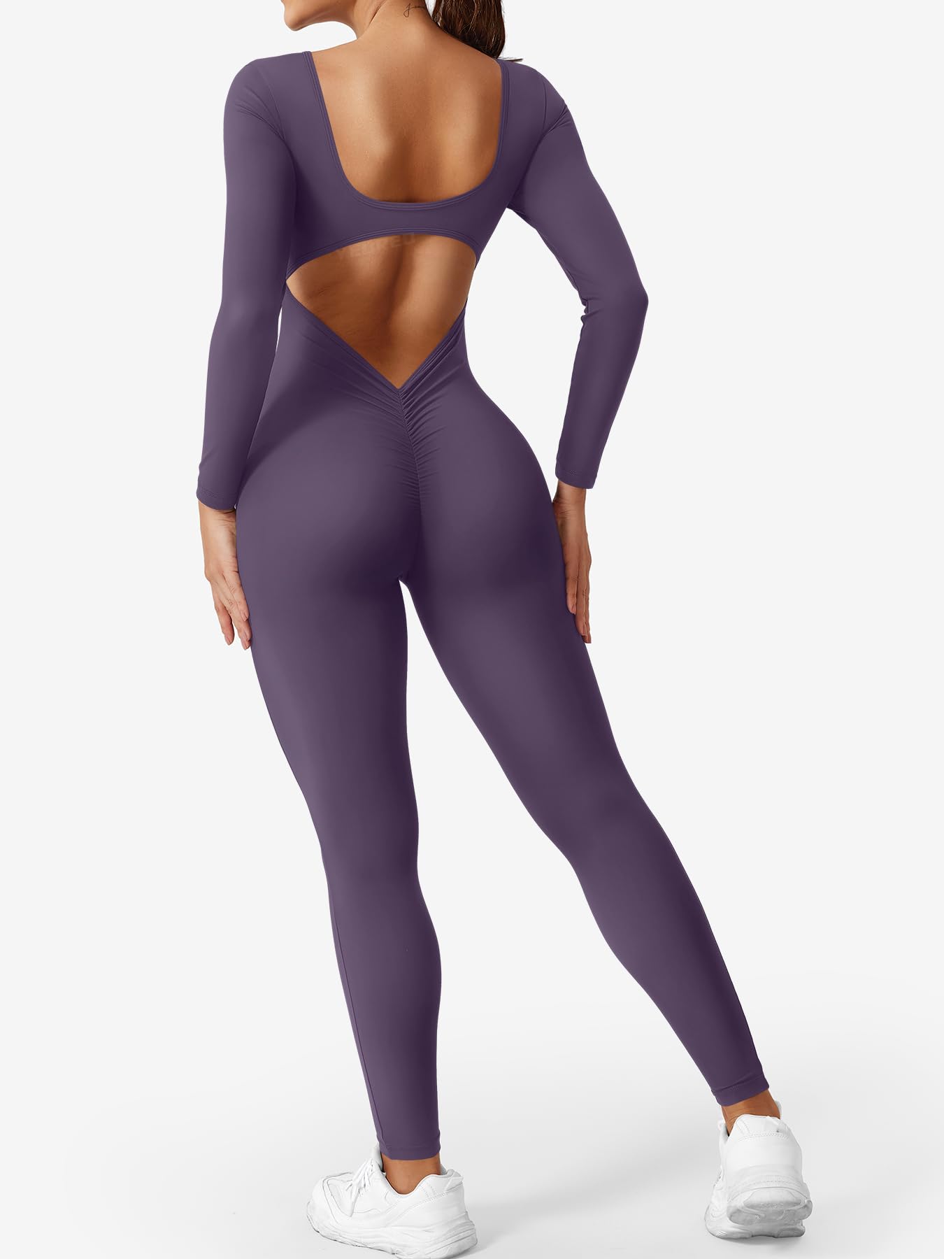 YEOREO Long Sleeve Jumpsuits for Women V Back Bodysuit Workout Full Length Bodycon Scrunch Leggings One Piece Romper