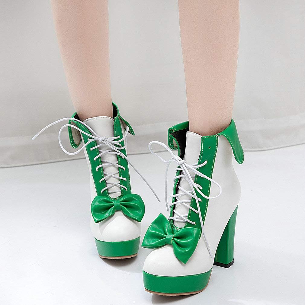 Parisuit Womens Dress Kawaii Boots Chunky High Heel Platform Ankle Booties Lace Up Sweet Bow Shoes