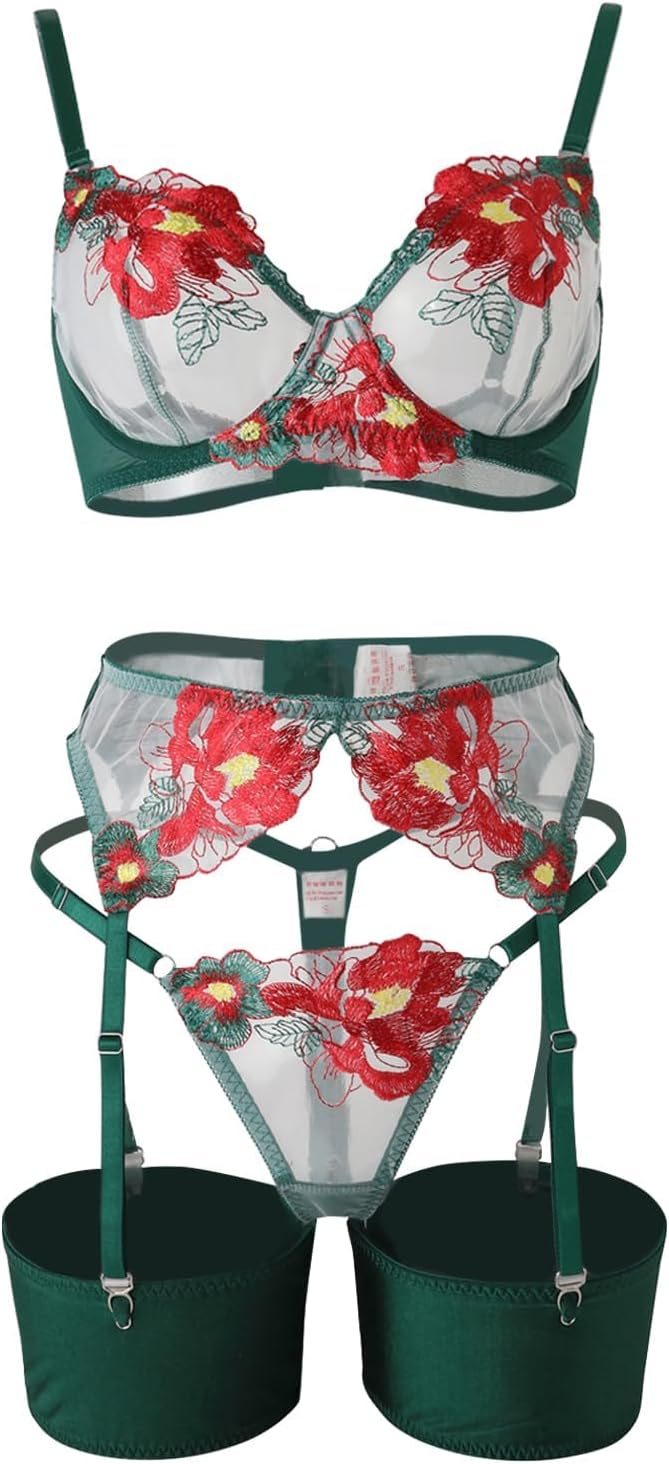 Lilosy Sexy Leaf Floral Embroidered Mesh Sheer Women Underwire Push Up Lingerie Set