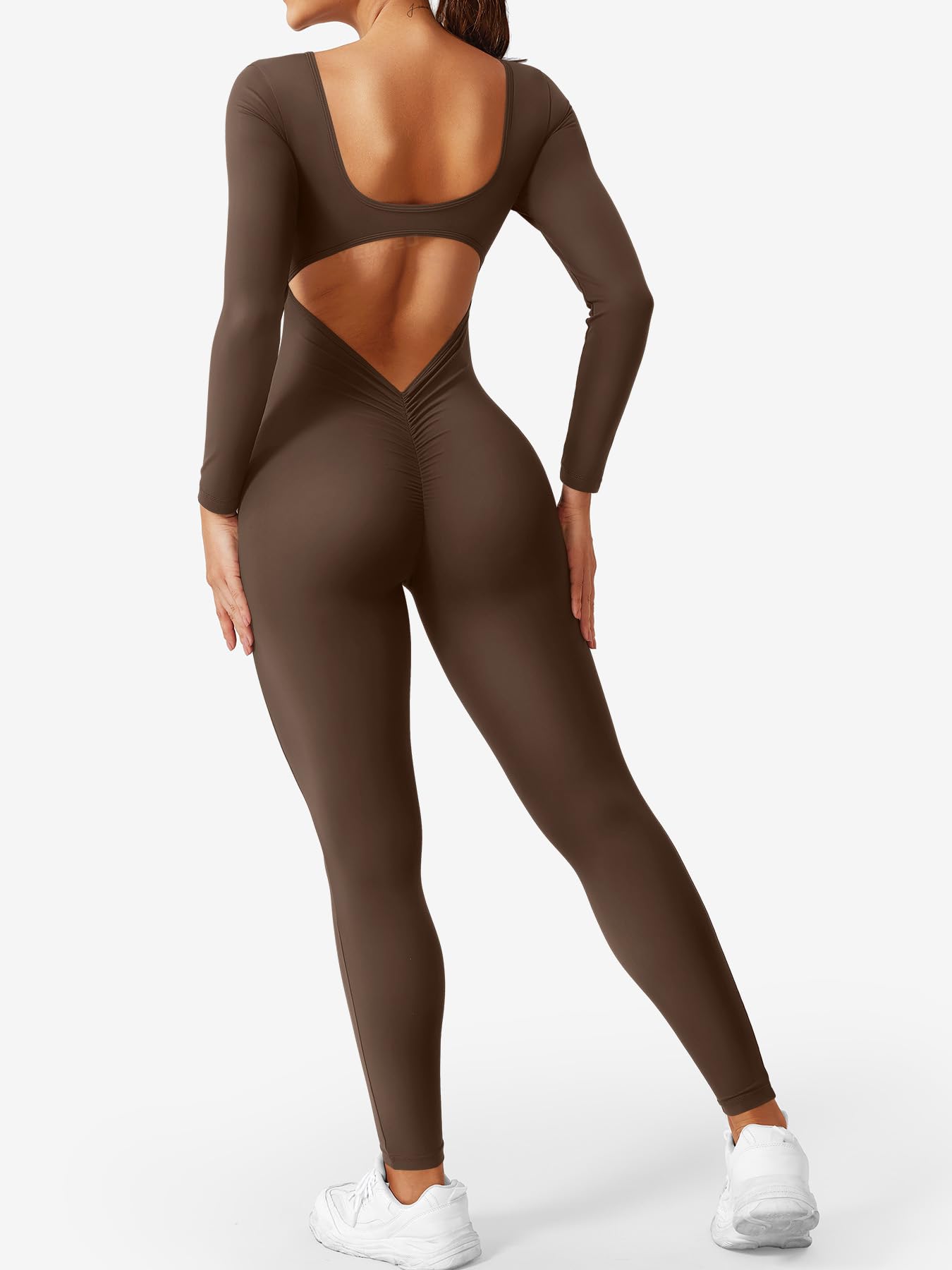 YEOREO Long Sleeve Jumpsuits for Women V Back Bodysuit Workout Full Length Bodycon Scrunch Leggings One Piece Romper