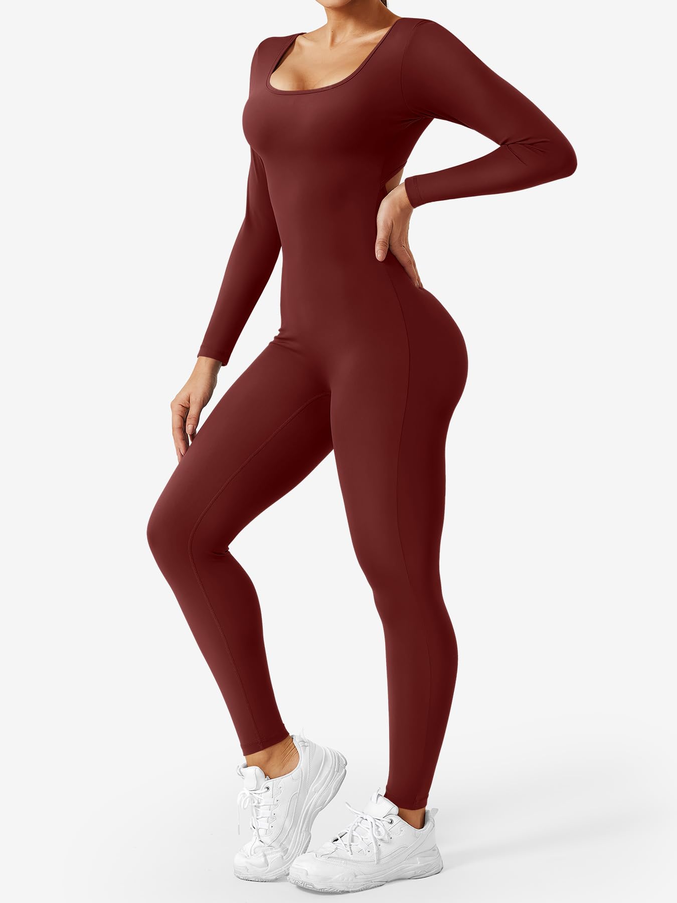 YEOREO Long Sleeve Jumpsuits for Women V Back Bodysuit Workout Full Length Bodycon Scrunch Leggings One Piece Romper
