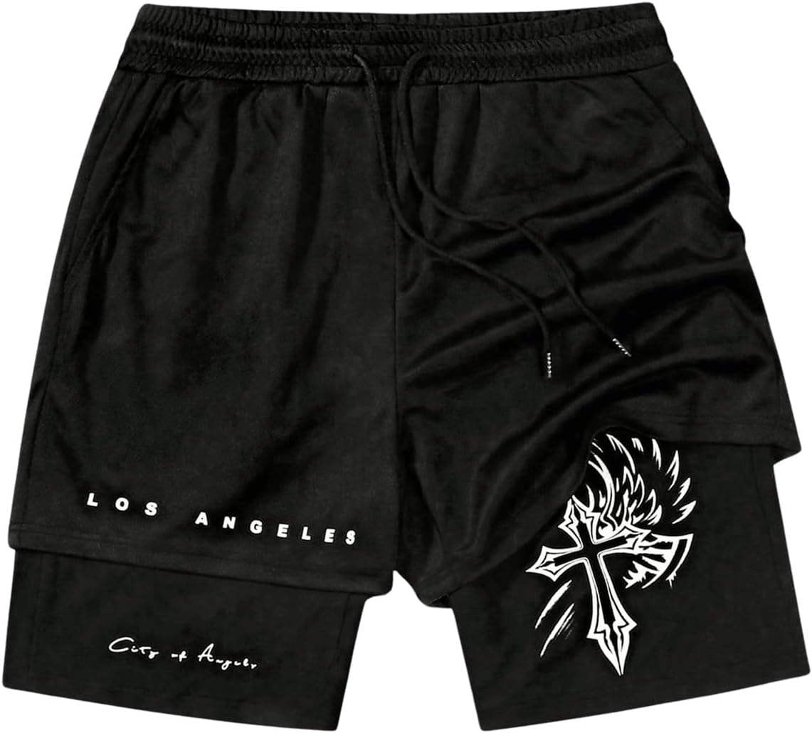 Men's Graphic Shorts with Liner Cross Print Drawstring 2 in 1 Gym Track Bottoms