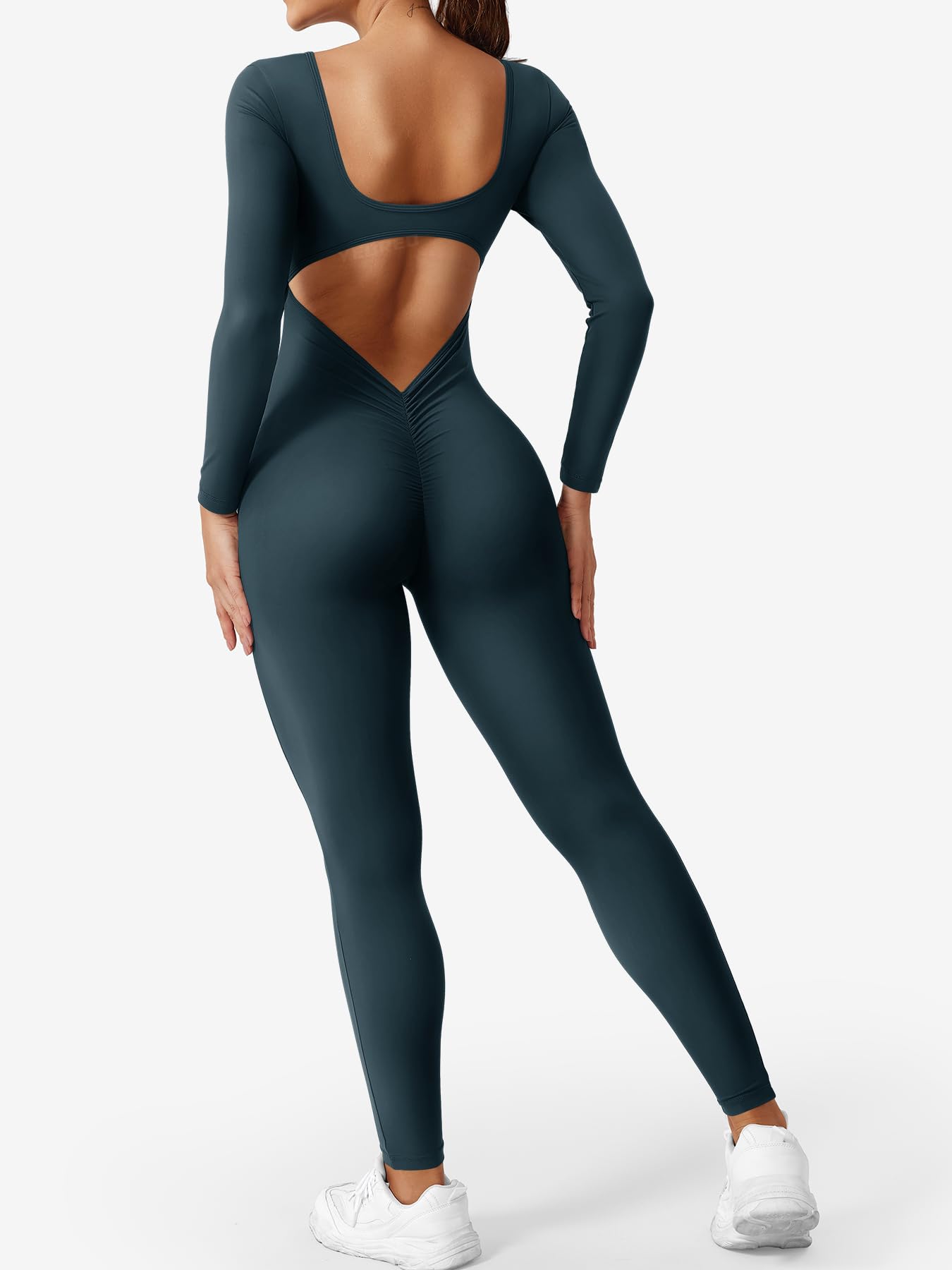 YEOREO Long Sleeve Jumpsuits for Women V Back Bodysuit Workout Full Length Bodycon Scrunch Leggings One Piece Romper