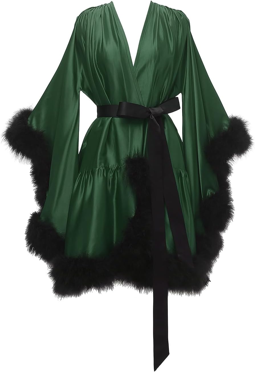 Yexinbridal Feather Fur Robe Silk Satin Bridal Dressing Gown Sexy Illusion Lingerie Nightgown Bathrobe Sleepwear