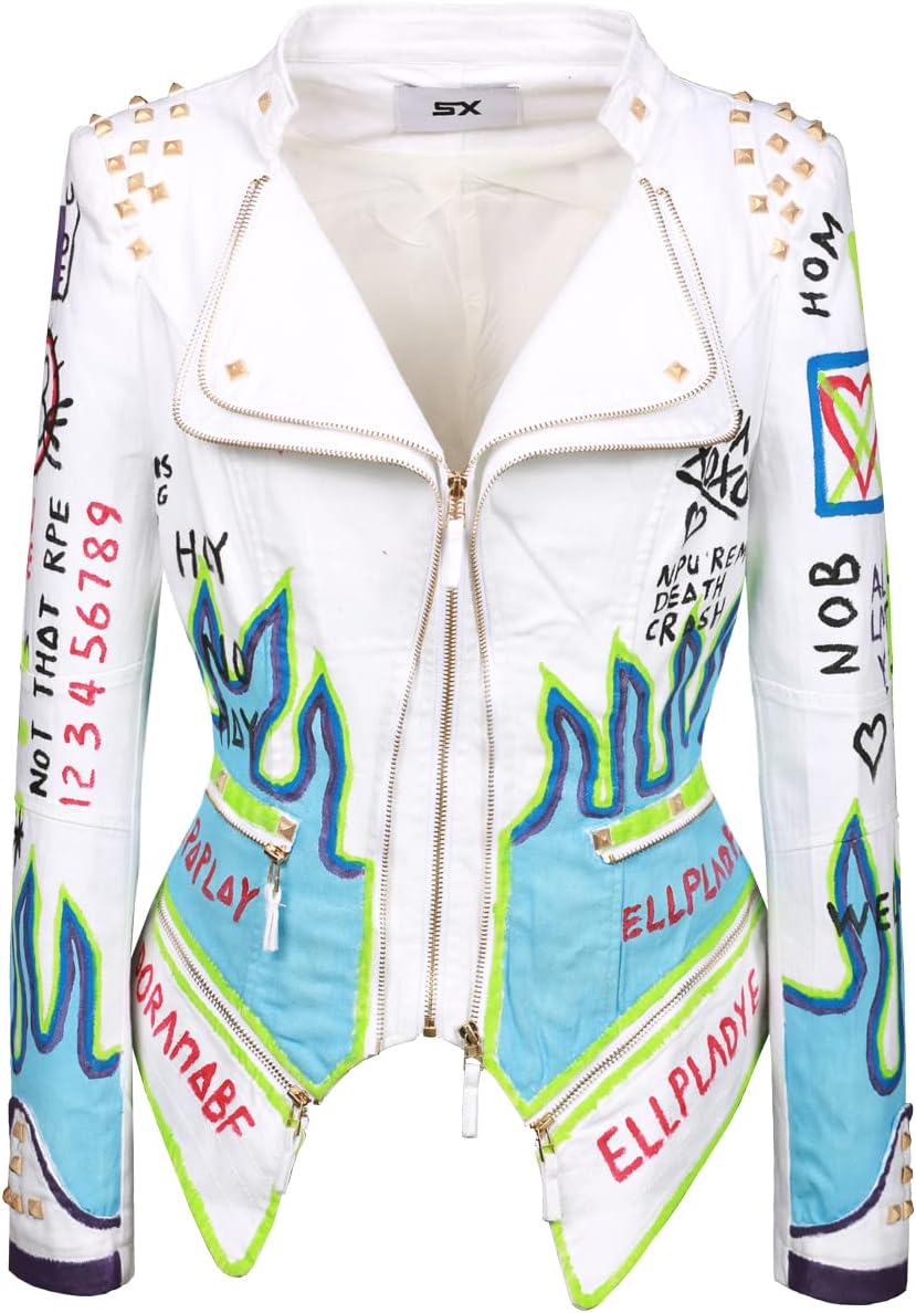 FUYUAN Women's fashion studs perfectly shaped artificial leather jacket graffiti punk motorcycle jacket