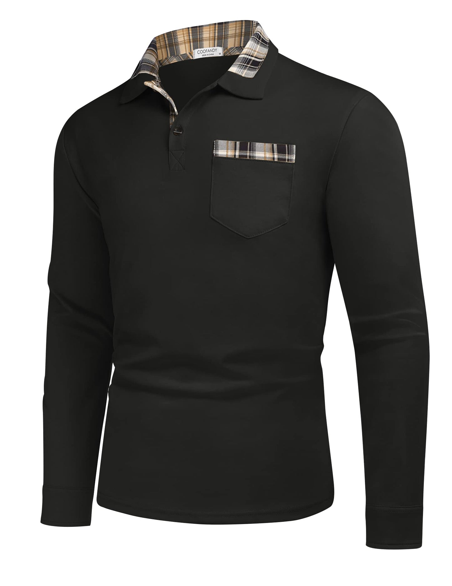 COOFANDY Men's Casual Polo Shirt Long Sleeve Classic Plaid Button Tees with Pockets