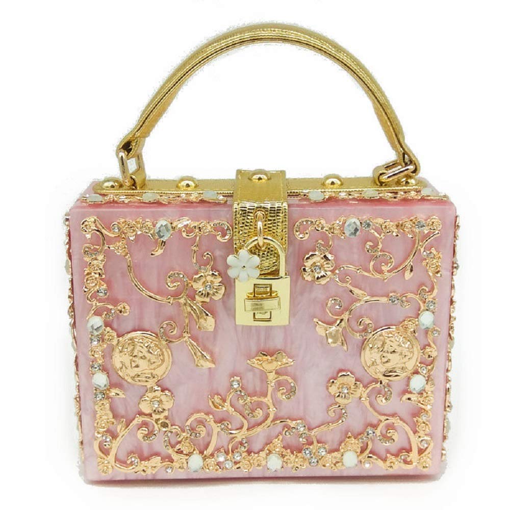 Boutique De FGG Acrylic & Flower Designer Shoulder Bags for Women Crossbody Bag Rhinestones Box Tote Evening Handbags,Small