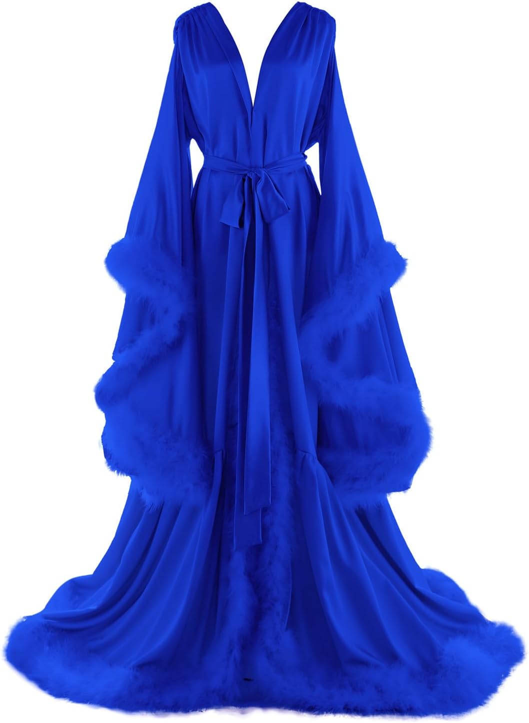 Women's Feather Bridal Robes Old Hollywood Maternity Photoshoot Nightgown Silk Bathrobe Long Lingerie