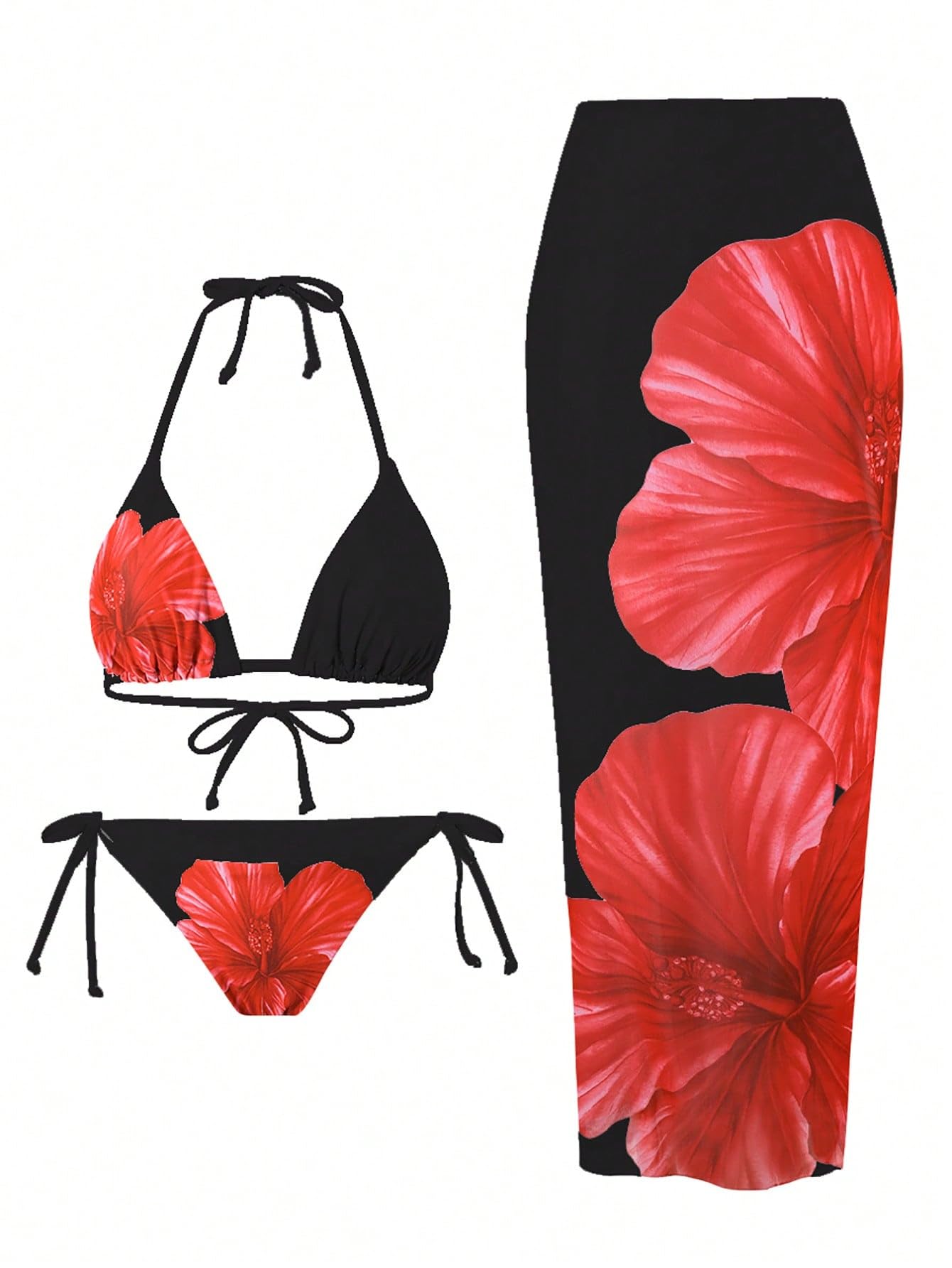 ZAFUL Womens 3pcs Swimsuit Floral Halter Triangle Bikini Top Tie Side Bottom with Long Sheer Cover Up Skirt