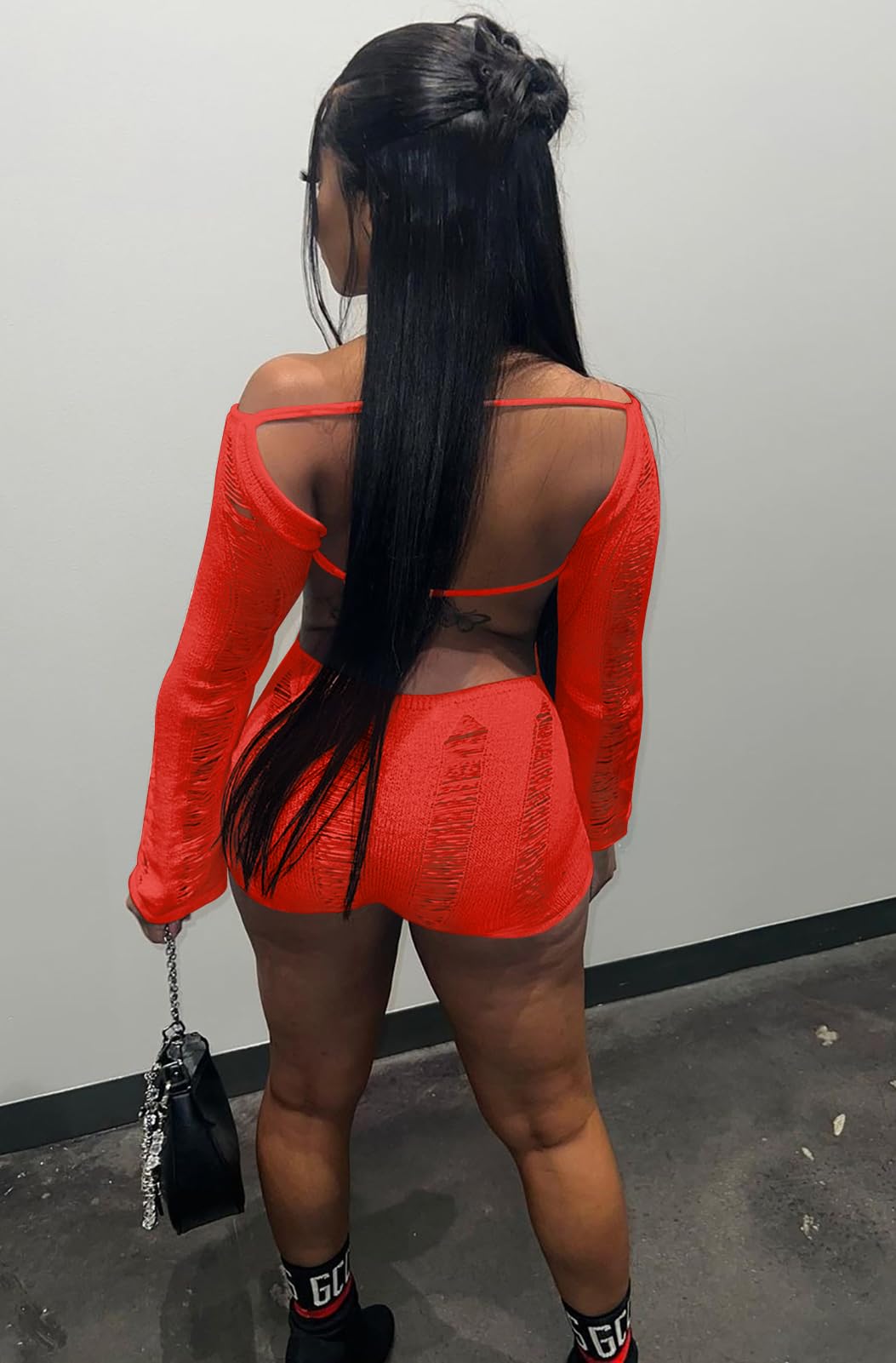 Women Sexy Off Shoulder Crochet Knitted Hollow Out Long Sleeve Romper Backless Bodycon Party Club Night Rompers