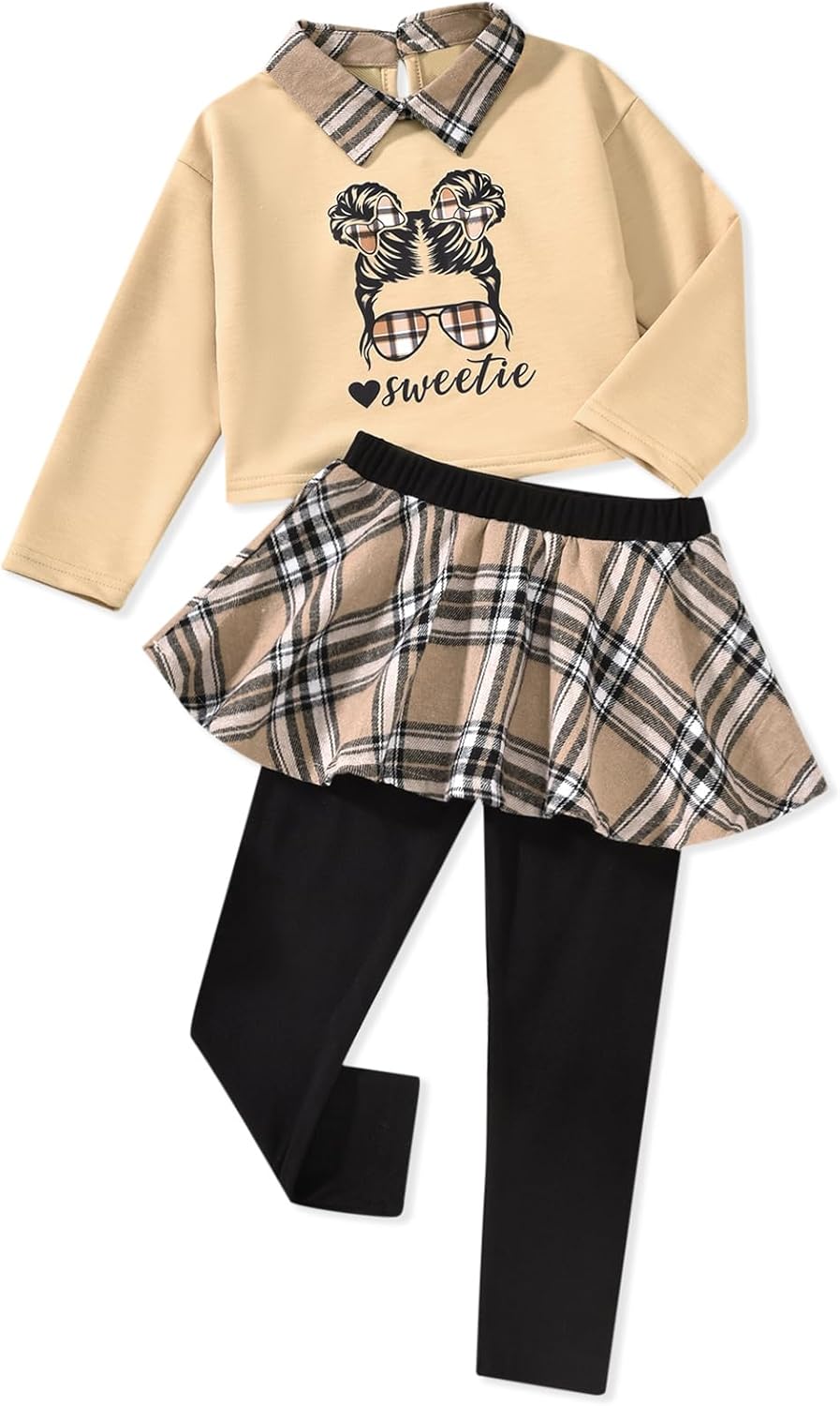 HINTINA Toddler Little Girl Letter Print Sweatshirt Top Plaid Skirt Pants Fall Winter Outfits