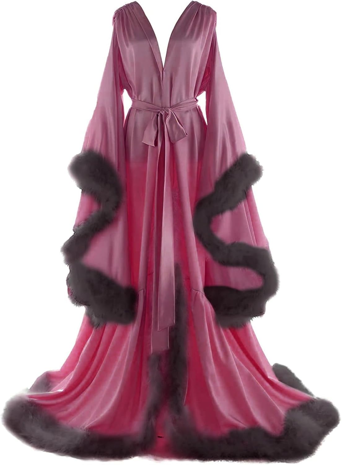 Women's Feather Bridal Robes Old Hollywood Maternity Photoshoot Nightgown Silk Bathrobe Long Lingerie