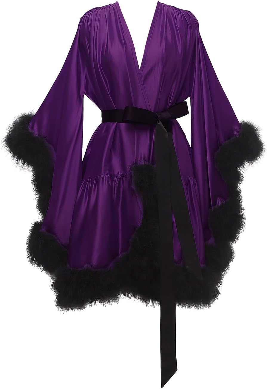 Yexinbridal Feather Fur Robe Silk Satin Bridal Dressing Gown Sexy Illusion Lingerie Nightgown Bathrobe Sleepwear