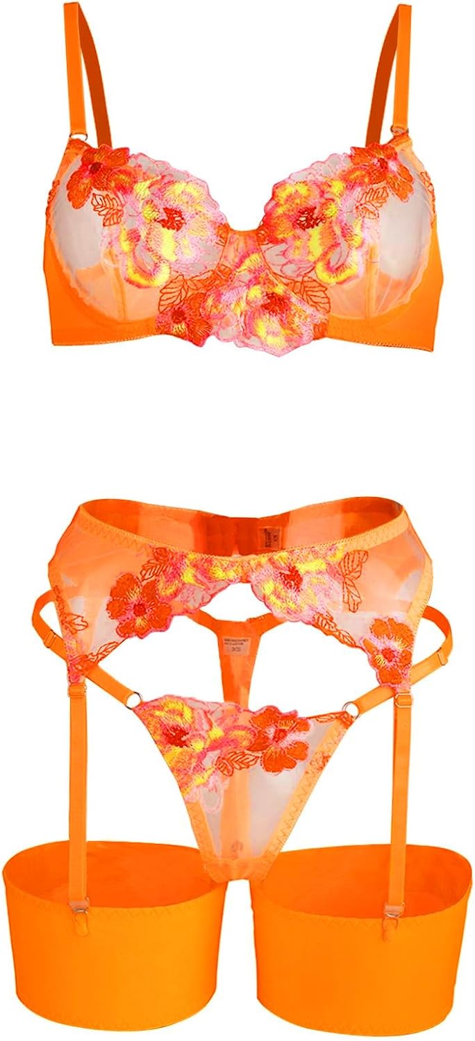 Lilosy Sexy Leaf Floral Embroidered Mesh Sheer Women Underwire Push Up Lingerie Set