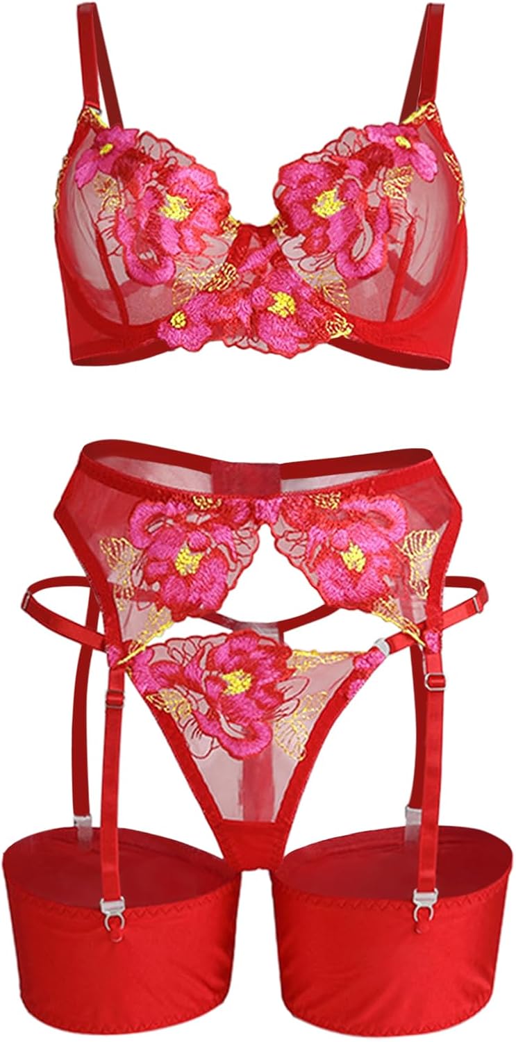 Lilosy Sexy Leaf Floral Embroidered Mesh Sheer Women Underwire Push Up Lingerie Set