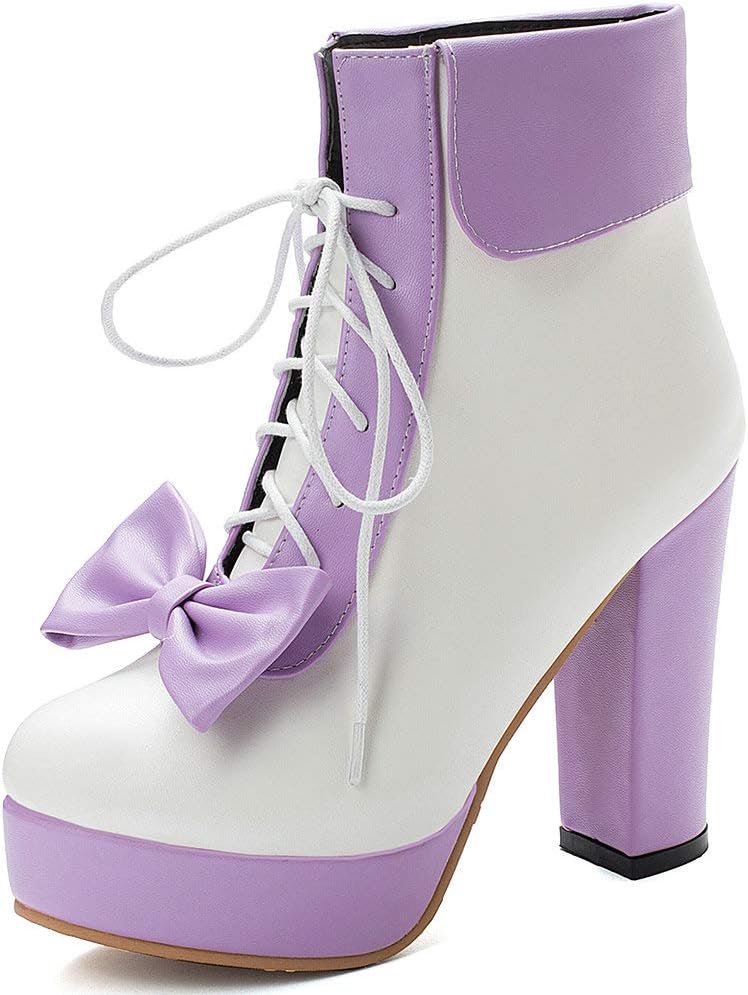 Parisuit Womens Dress Kawaii Boots Chunky High Heel Platform Ankle Booties Lace Up Sweet Bow Shoes