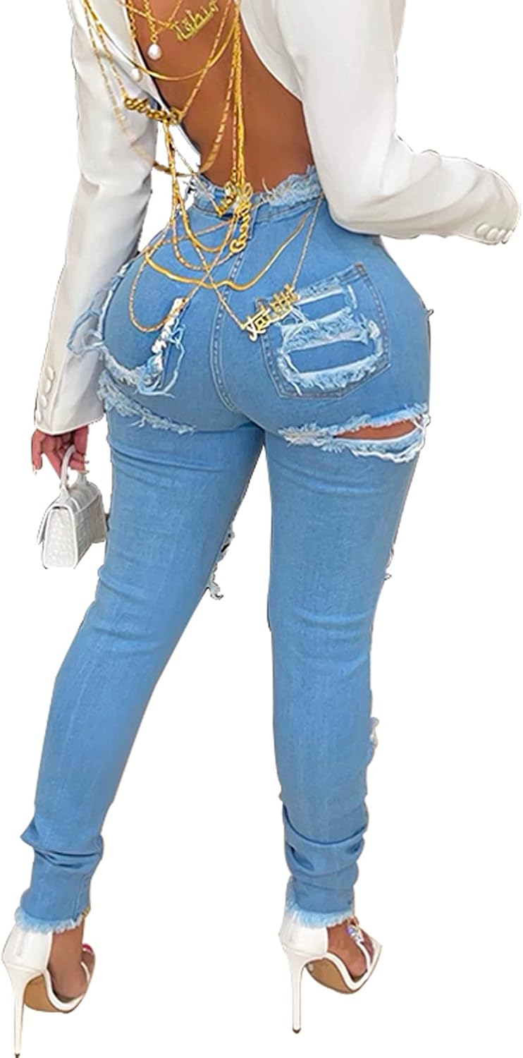 Women's Skinny Ripped Jeans Stretch Destroyed Mid High Waist Denim Pants