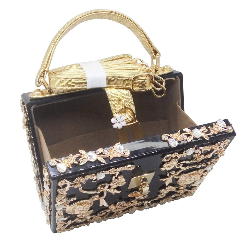 Boutique De FGG Acrylic & Flower Designer Shoulder Bags for Women Crossbody Bag Rhinestones Box Tote Evening Handbags,Small