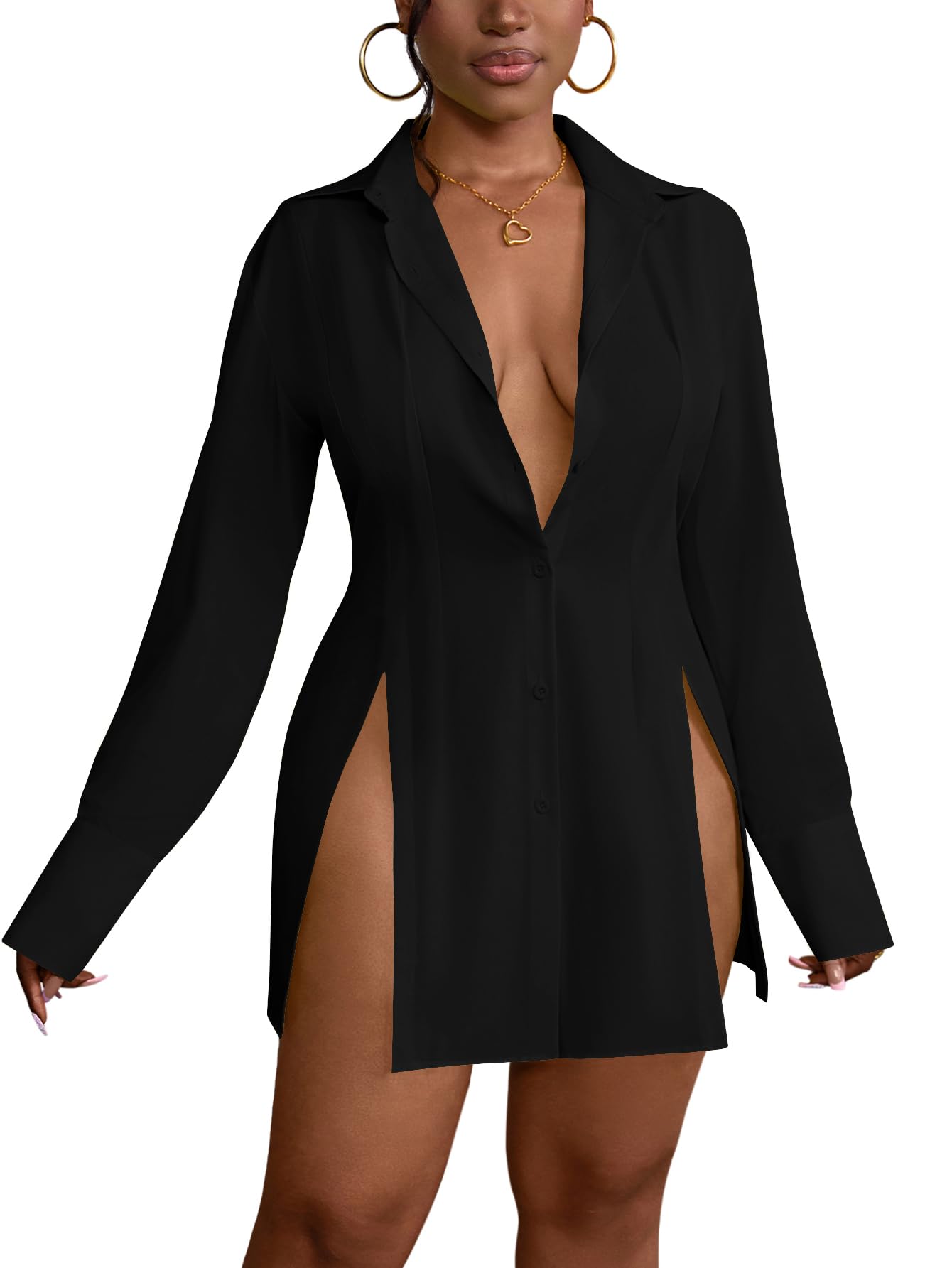LYANER Women's Button Down Shirt Dress Collar V Neck Long Sleeve Slit Sexy Shirt Dresses