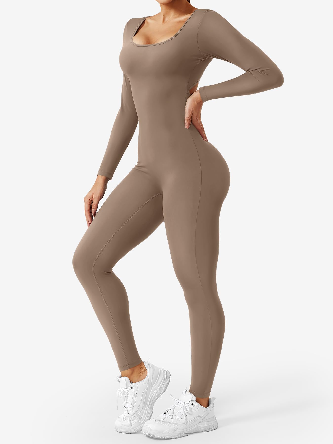 YEOREO Long Sleeve Jumpsuits for Women V Back Bodysuit Workout Full Length Bodycon Scrunch Leggings One Piece Romper