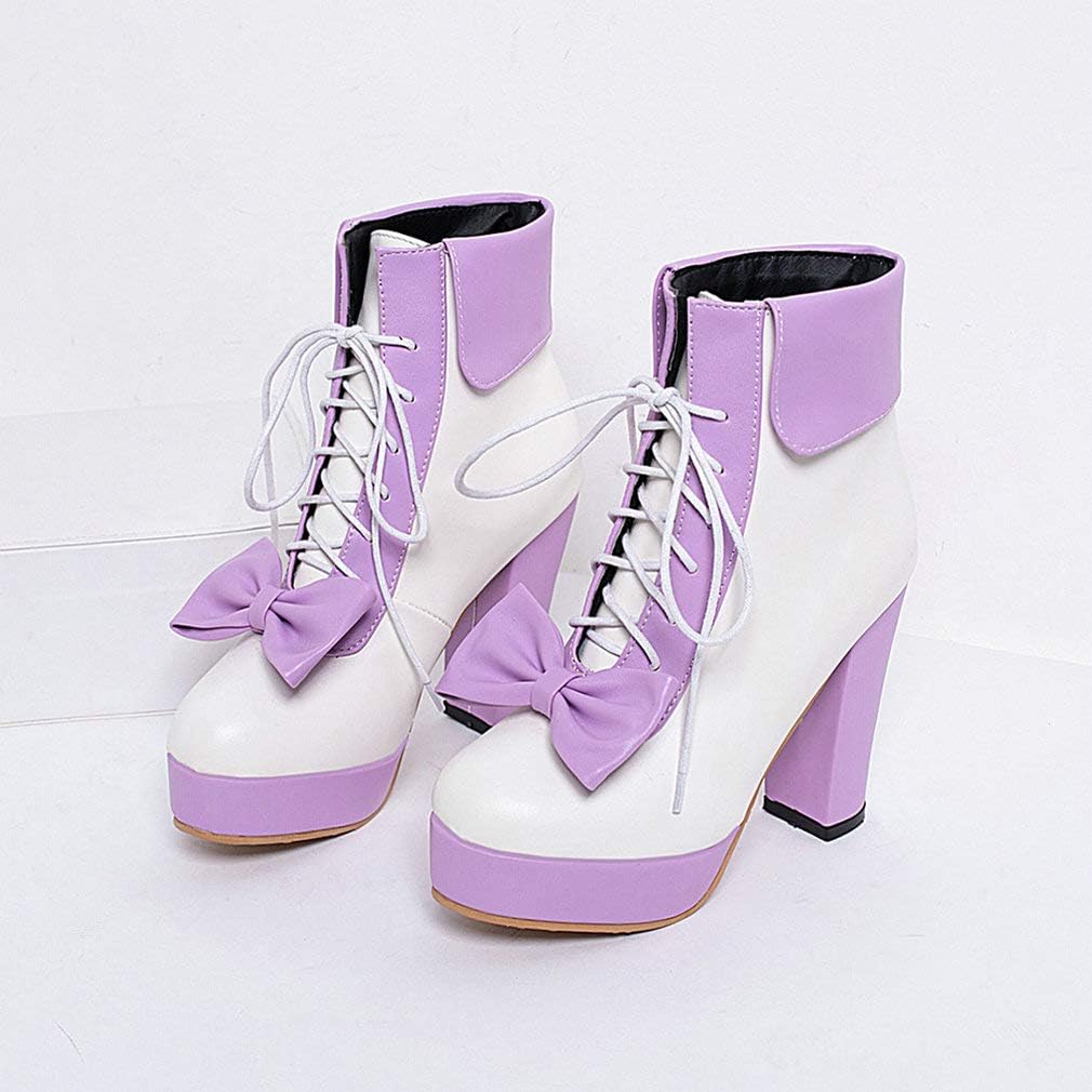 Parisuit Womens Dress Kawaii Boots Chunky High Heel Platform Ankle Booties Lace Up Sweet Bow Shoes