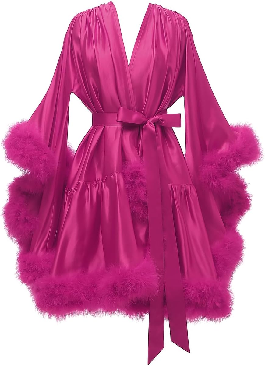 Yexinbridal Feather Fur Robe Silk Satin Bridal Dressing Gown Sexy Illusion Lingerie Nightgown Bathrobe Sleepwear