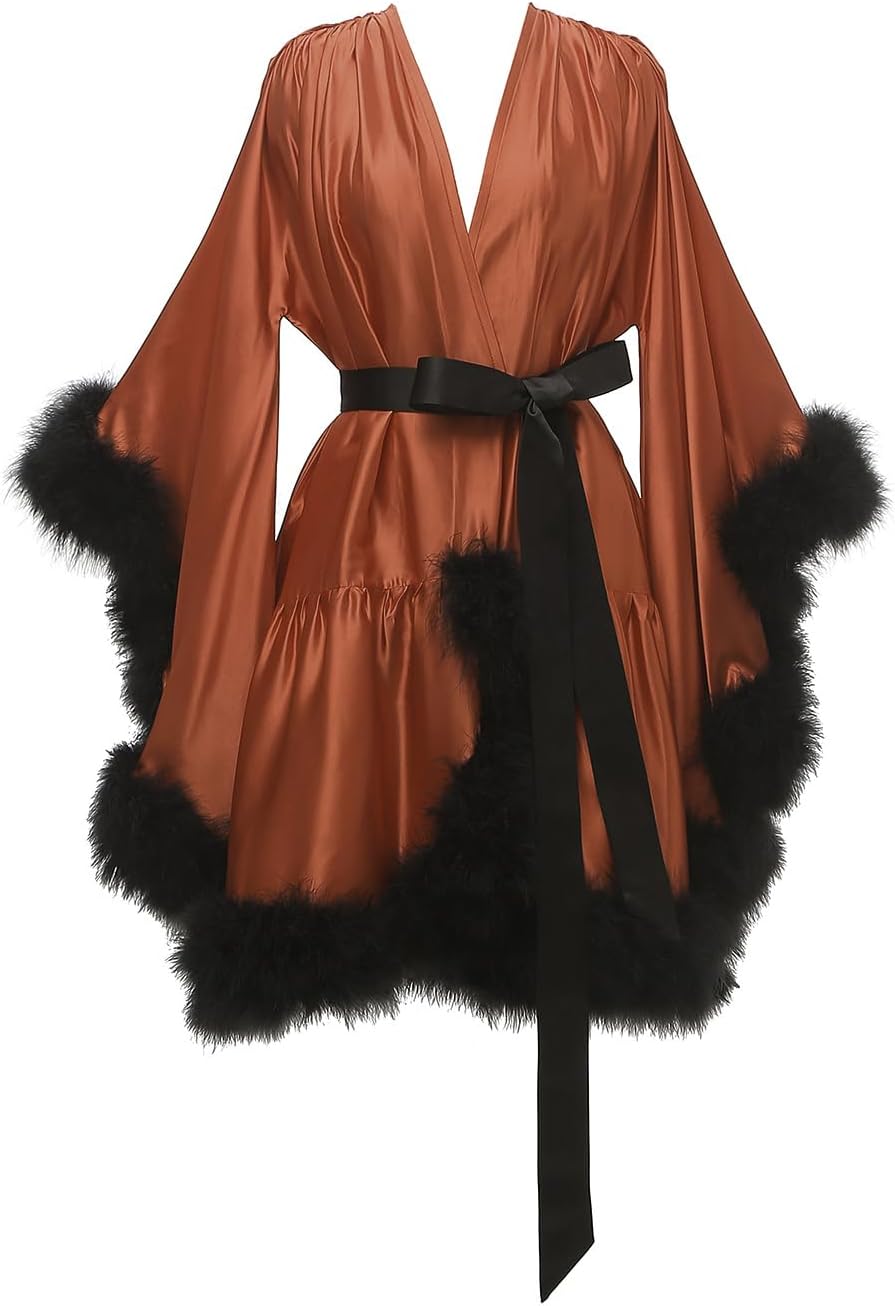 Yexinbridal Feather Fur Robe Silk Satin Bridal Dressing Gown Sexy Illusion Lingerie Nightgown Bathrobe Sleepwear