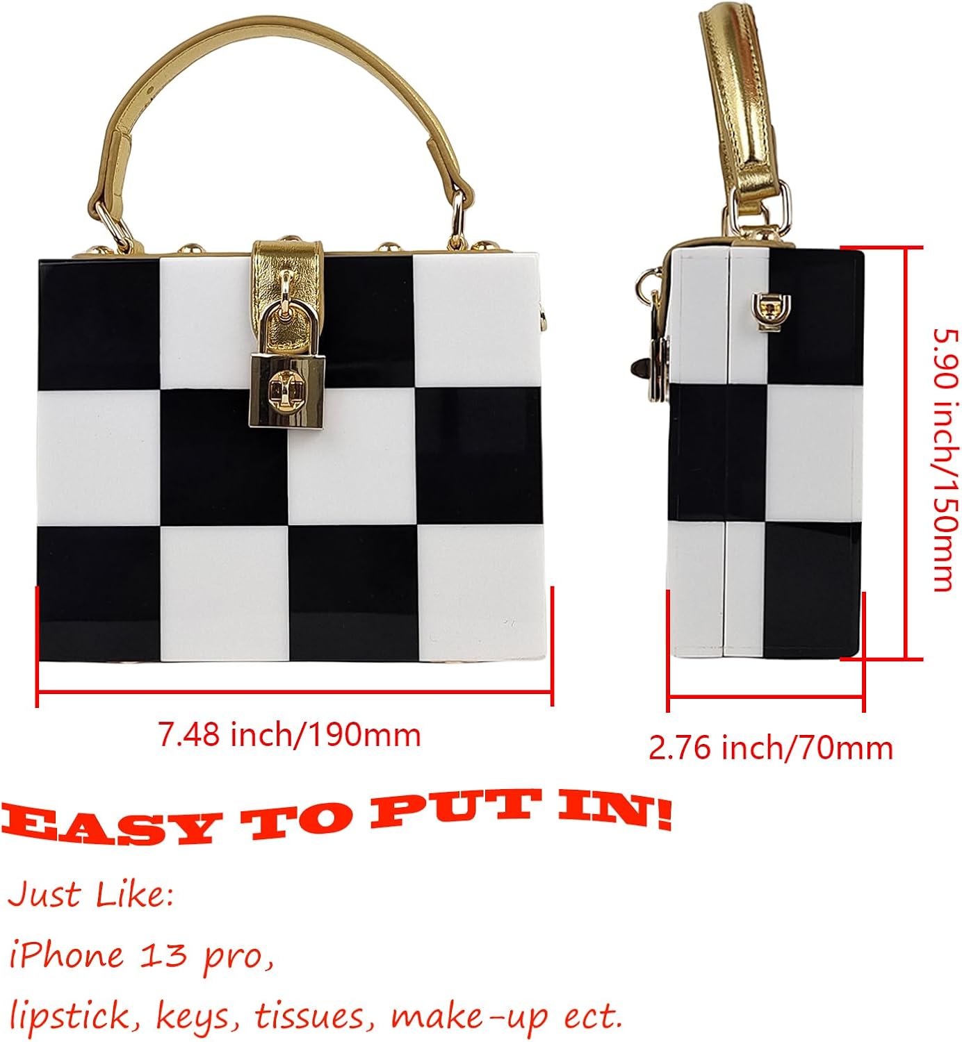 Black White Checkerboard Acrylic Clutch Purse Bag Women Box Evening Bags Acrylic Chain Crossbody Handbag(Stitching)
