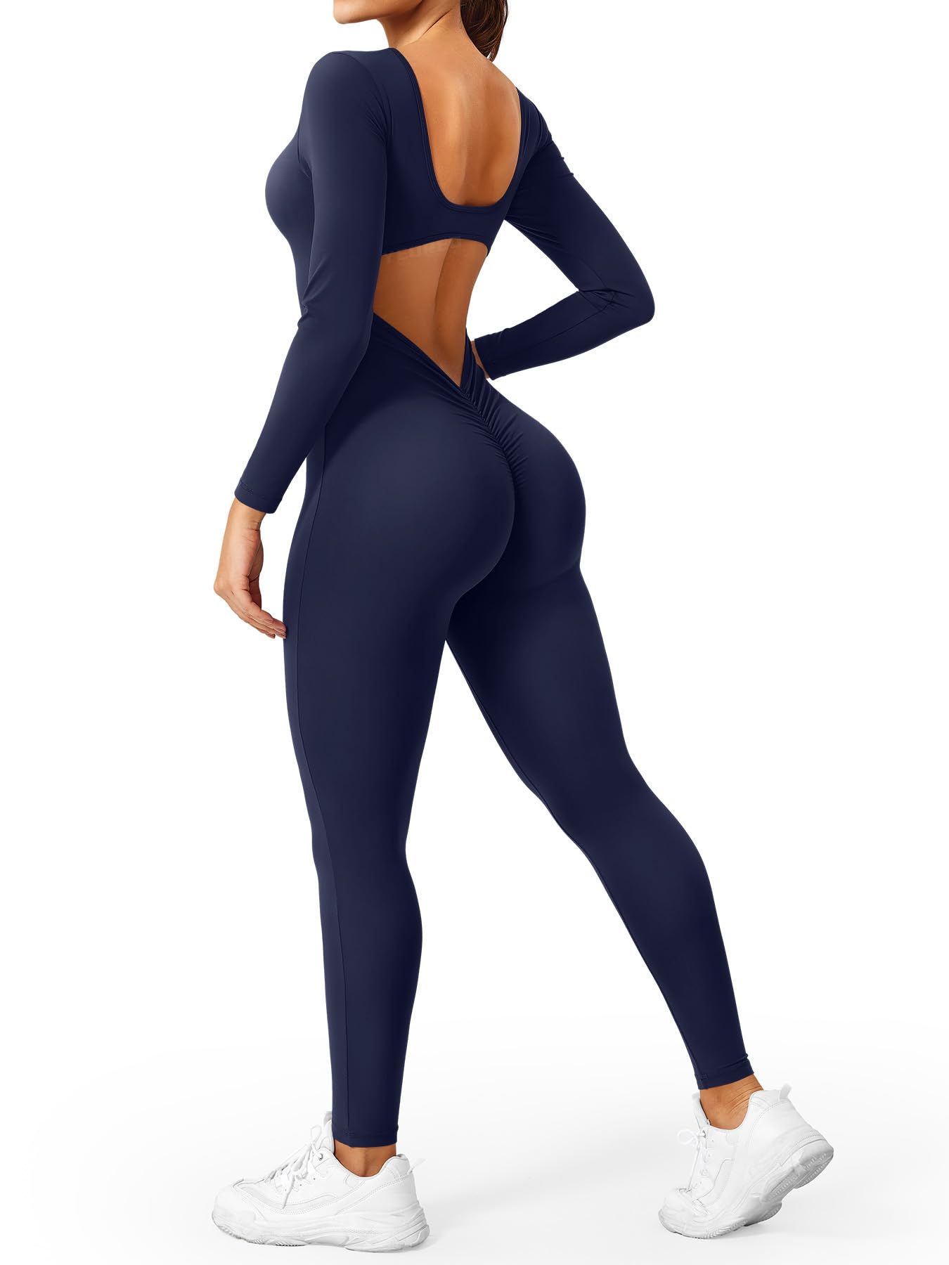 YEOREO Long Sleeve Jumpsuits for Women V Back Bodysuit Workout Full Length Bodycon Scrunch Leggings One Piece Romper