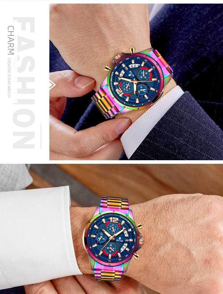 RUIGE Sports Chronograph Colorful Series Multi Functional Men's Quartz Watch Stainless Steel Material Men's Night Light Waterproof Fashion Trend Watch Diameter 42MM N3-3