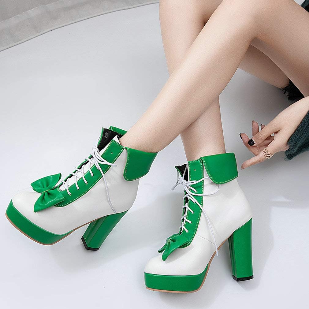 Parisuit Womens Dress Kawaii Boots Chunky High Heel Platform Ankle Booties Lace Up Sweet Bow Shoes